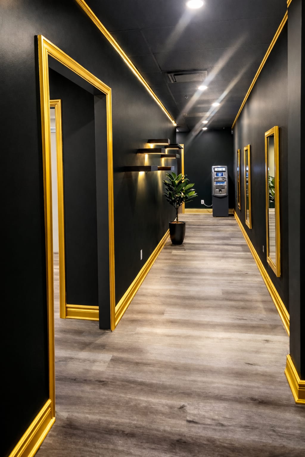 Luxury black and gold hallway at Medusa Spa in Vaughan Ontario